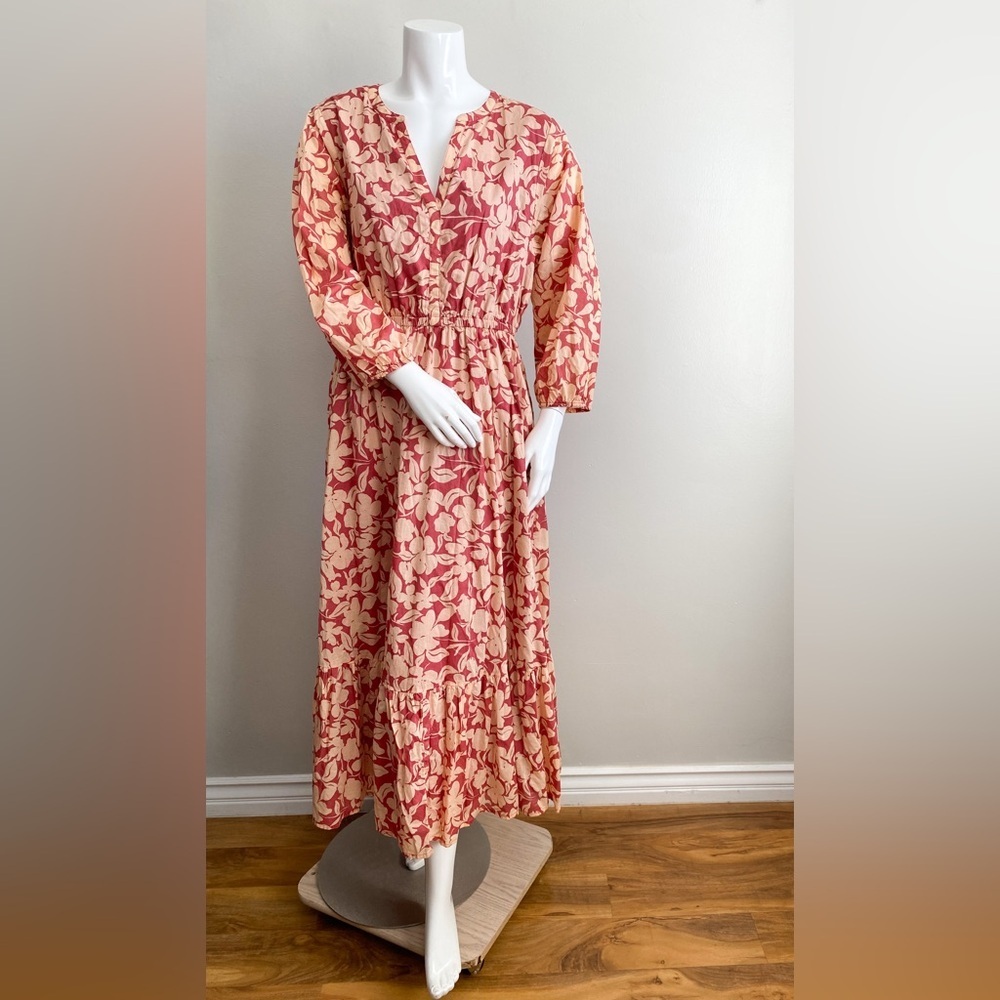 Cotton Floral Tiered Maxi Dress Boho Modest Travel Earthy Beige Feminine Size S - Picture 3 of 9
